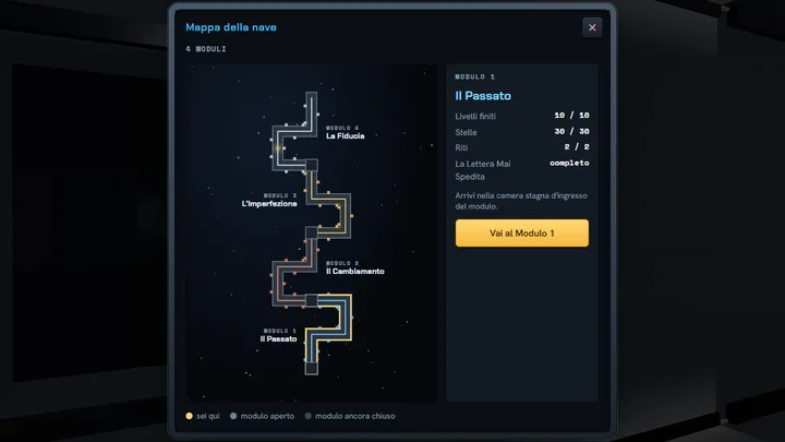 Maze 3D: la Mappa della nave con i quattro moduli e il pulsante per andare al Modulo 1