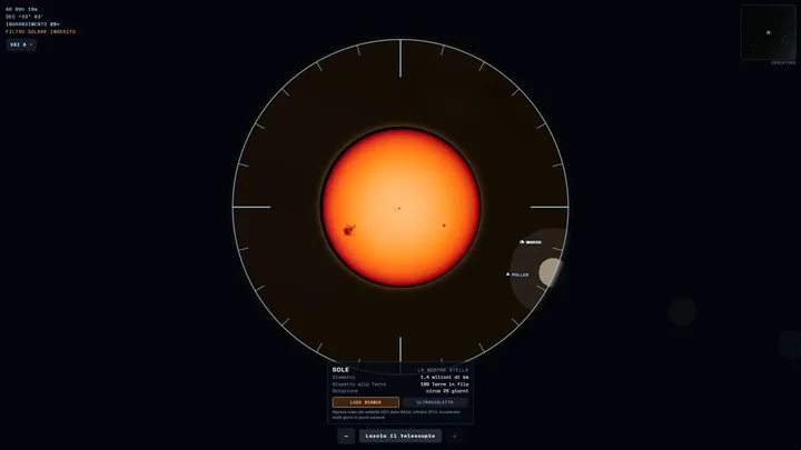 Maze 3D: il Sole nel telescopio con il filtro solare, in luce bianca con le macchie, e sotto la scheda del Sole