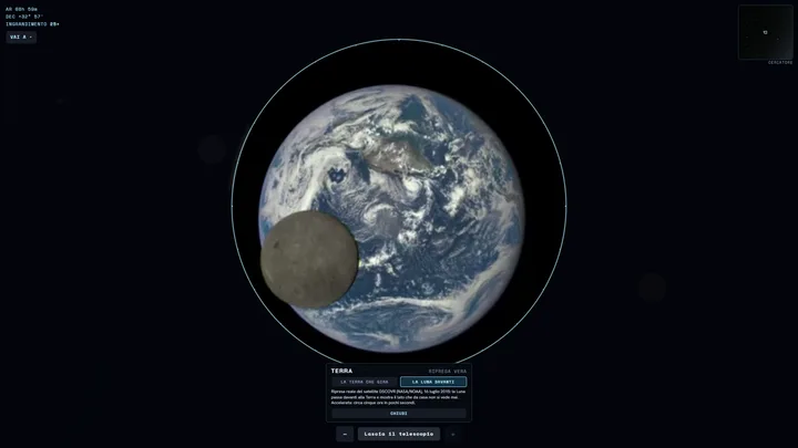 Maze 3D: la ripresa vera della Terra nel telescopio, con la Luna che le passa davanti e sotto la scheda «La Terra che gira / La Luna davanti»