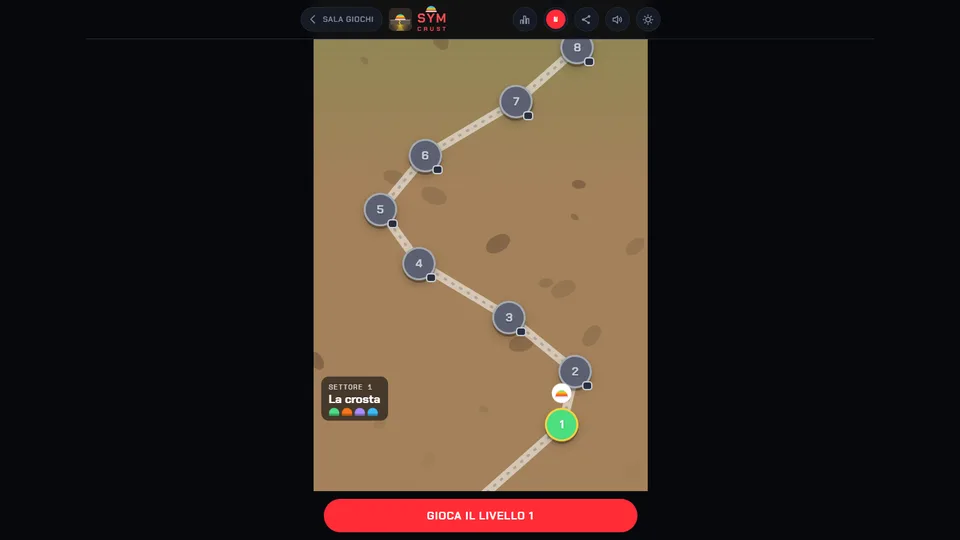 SYM Crust: la mappa della Crosta, col primo livello da giocare, di notte