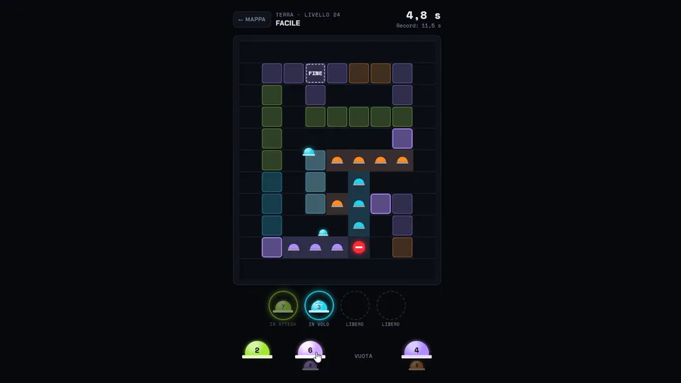 SYM Swarm: una partita in corso, gli sciami volano sulle caselle del loro colore